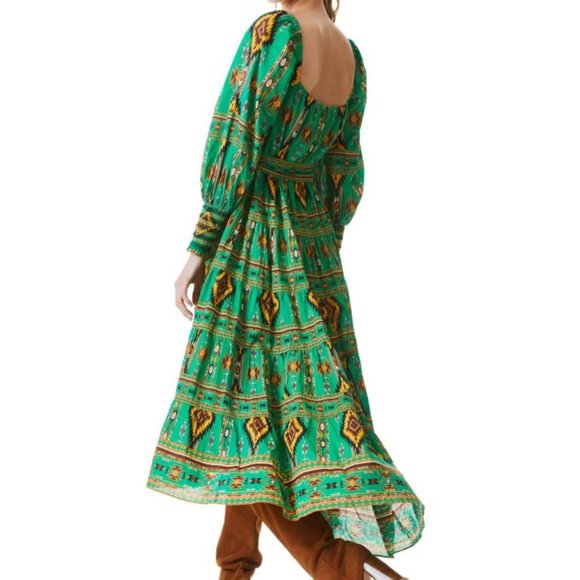 Alice & Olivia Rowen Midi Dress Mystik Ikat Print Green Emerald Batik Belted XL - Picture 3 of 4